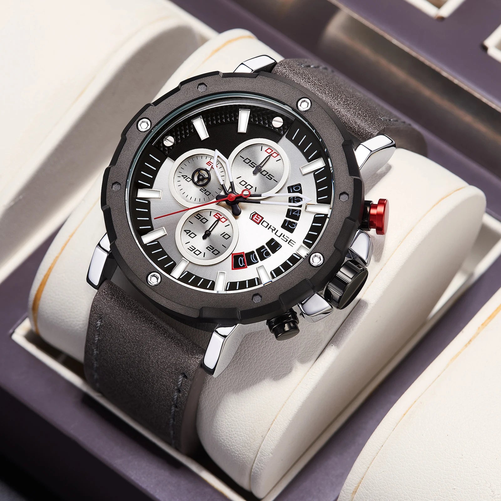 BORUSE 2 Pcs/set Fashion Simple Men's Quartz Wrist Watch Necklace  Pu Leather Strap The Perfect Gift for Men During The Holiday