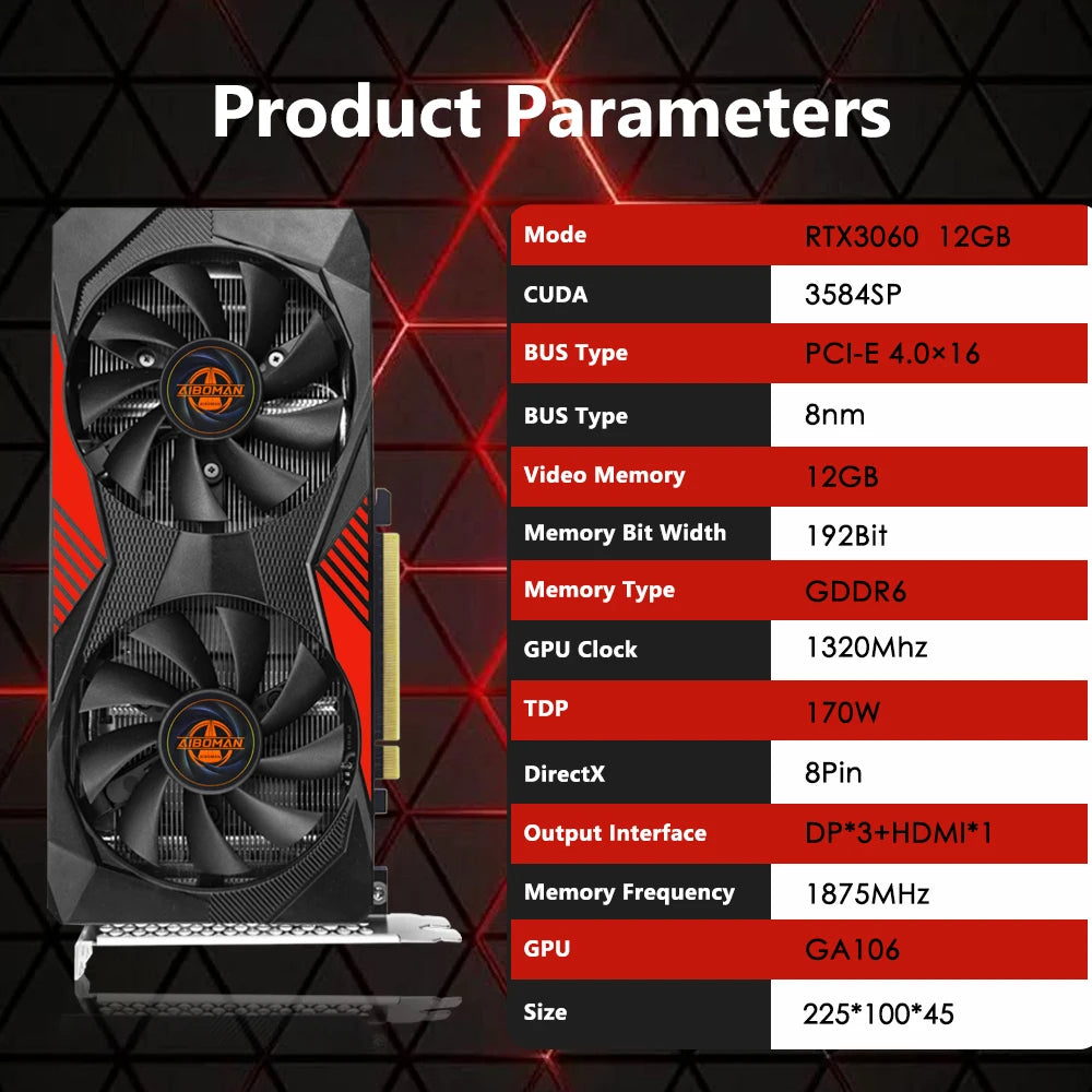 AIBOMAN Graphics Cards GeForce RTX 3060 12GB NVIDIA GPU GDDR6 192bit 8Pin PCI-E 4.0 x16 rtx3060 12gb Suitable for gaming