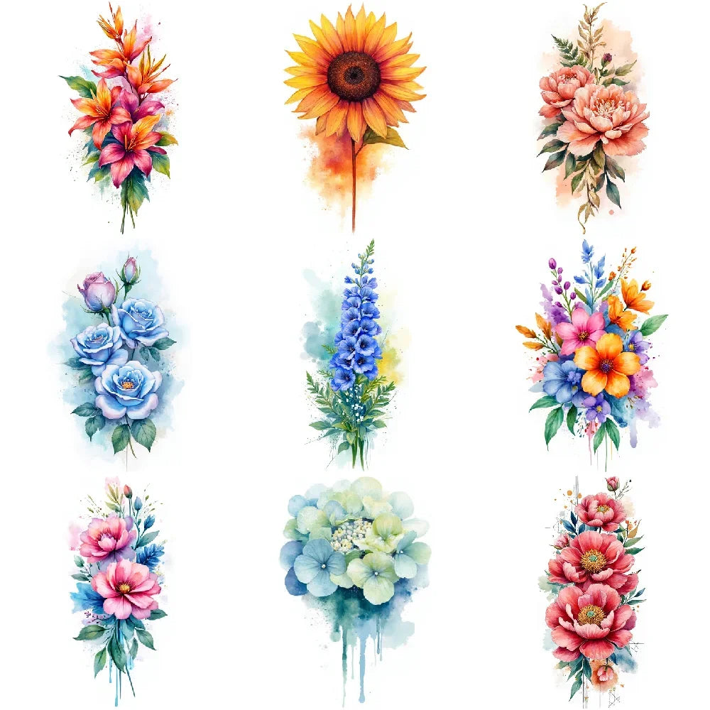 9pcs Colorful Flower Temporary Tattoos Stickers 3D Disposable Body Arm Tatoo Sticker Men Women Waterproof Fake Tatoos
