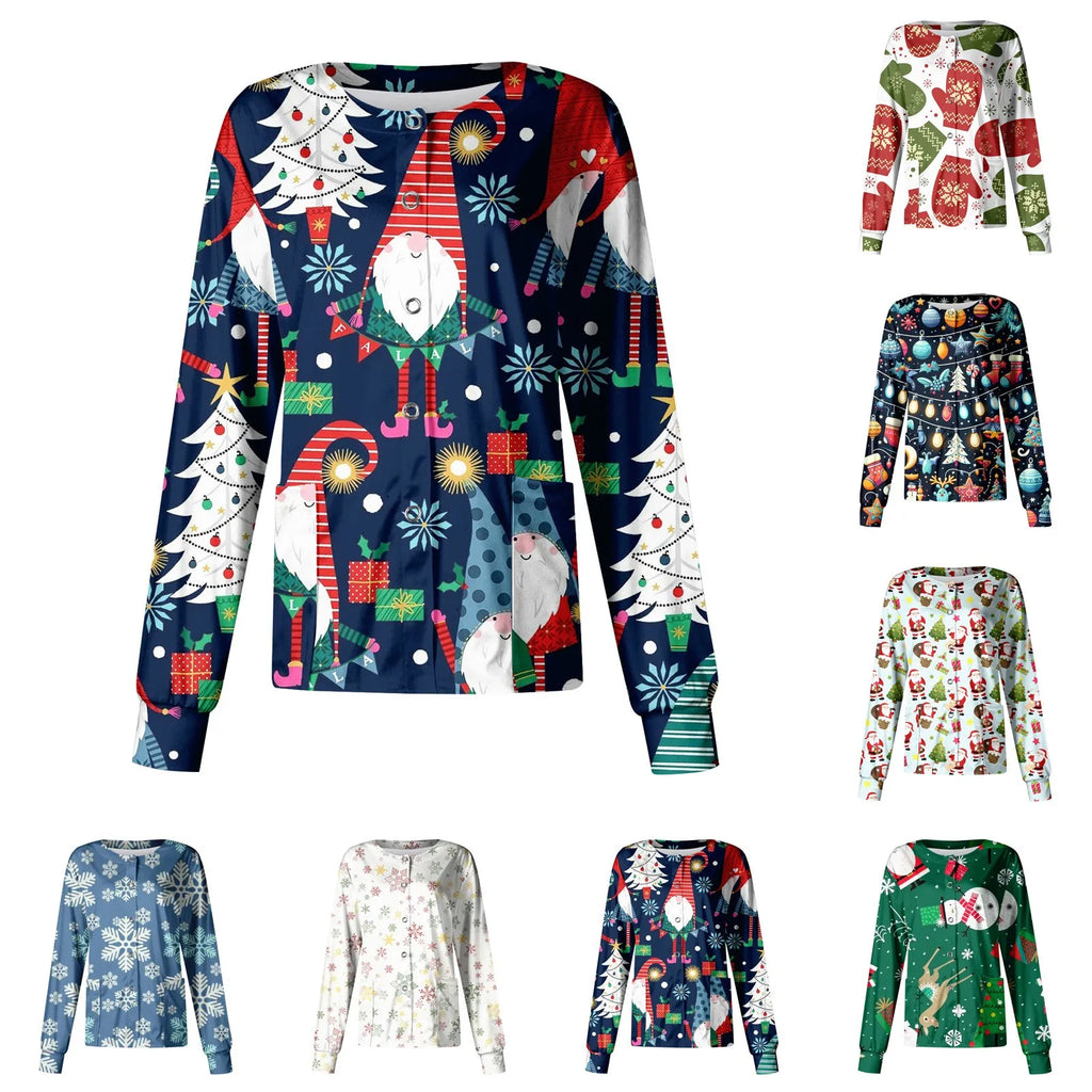 Christmas Womens Scrub Uniform Tops 2024 Long Sleeve Christmas Tree Printed Top Nurses Working T Shirts Blouse With Pockets