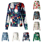 Christmas Womens Scrub Uniform Tops 2024 Long Sleeve Christmas Tree Printed Top Nurses Working T Shirts Blouse With Pockets