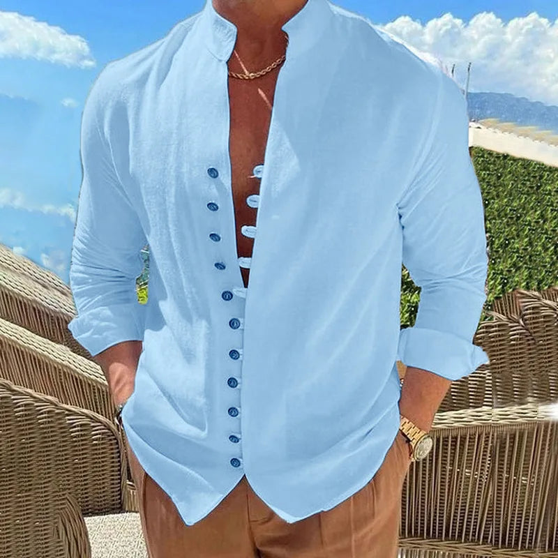 New Men's Vintage Casual Shirts 2025 Linen Long Sleeve Street Wear Lapel Button Solid Color Shirt For Men Vacation Blouse Top