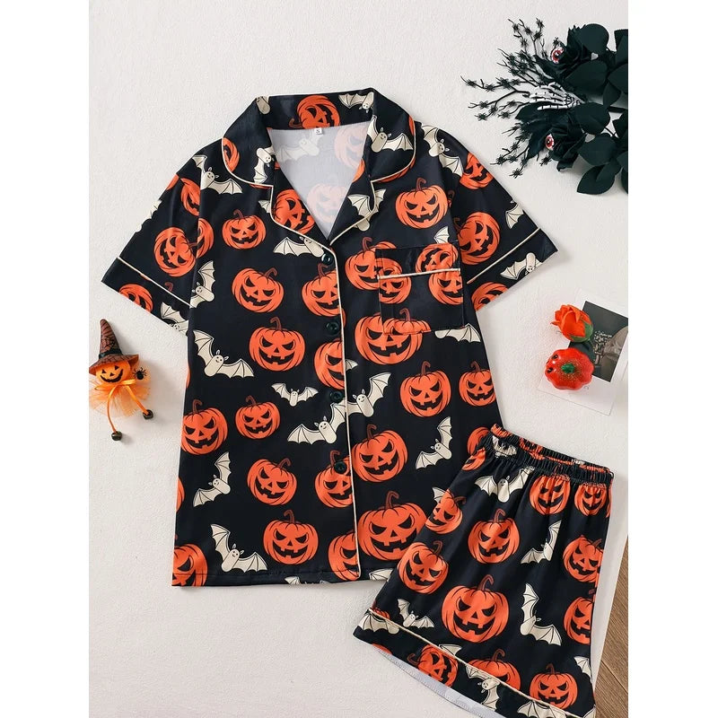 Women's Halloween Pumpkin Print Pajama Set Short Sleeve Button Up Top and Shorts Casual Sleepwear Loungewear Homewear Set