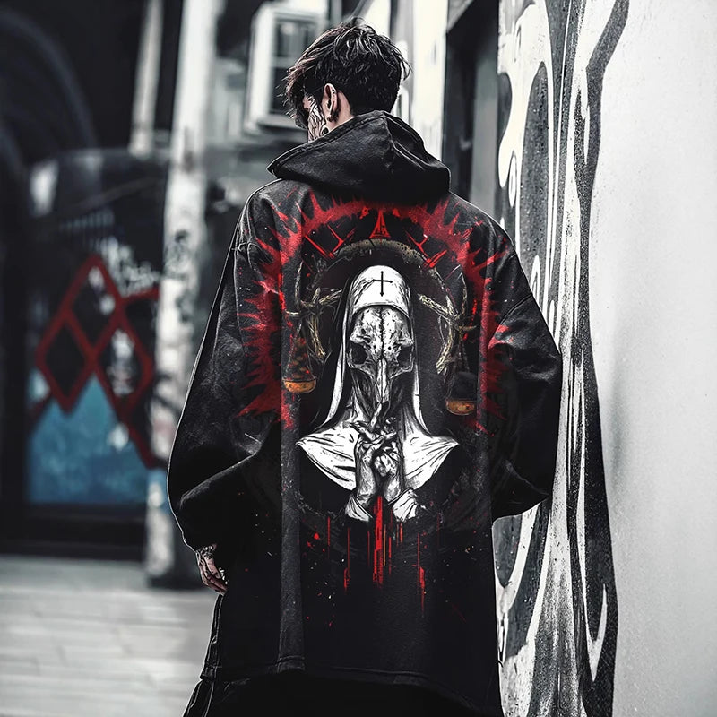 Vintage Goth Printed Hooded Coats Mens Fall Winter New Casual Loose Long Sleeve Long Cardigan Tops Men Fashionable Jacket Coat