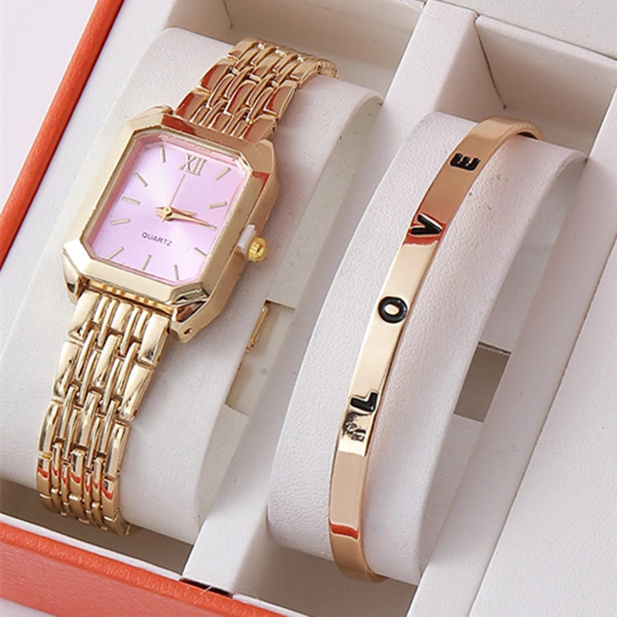 2pcs/set Luxury Women's Quartz Watch with LOVE Bracelet Watch Set Fashion Alloy Band Business Ladies Watches Female Clock Gifts