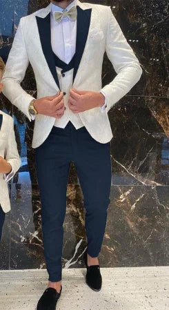 Father And Son Men Suits Groom Tuxedos 3 Pieces Cream White Floral Pattern Slim Fit Cocktail Party Business Suits Custom Made