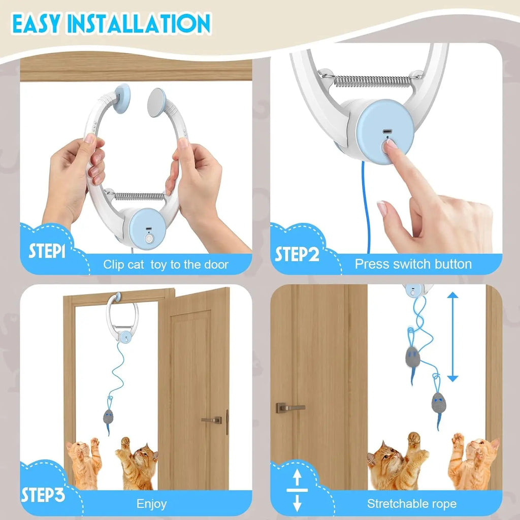 Interactive Cat Toys for Indoor Cats, Smart USB Rechargeable Door Hanging retractable cat toy, with 3 Catnip Mice, for Bored Cat