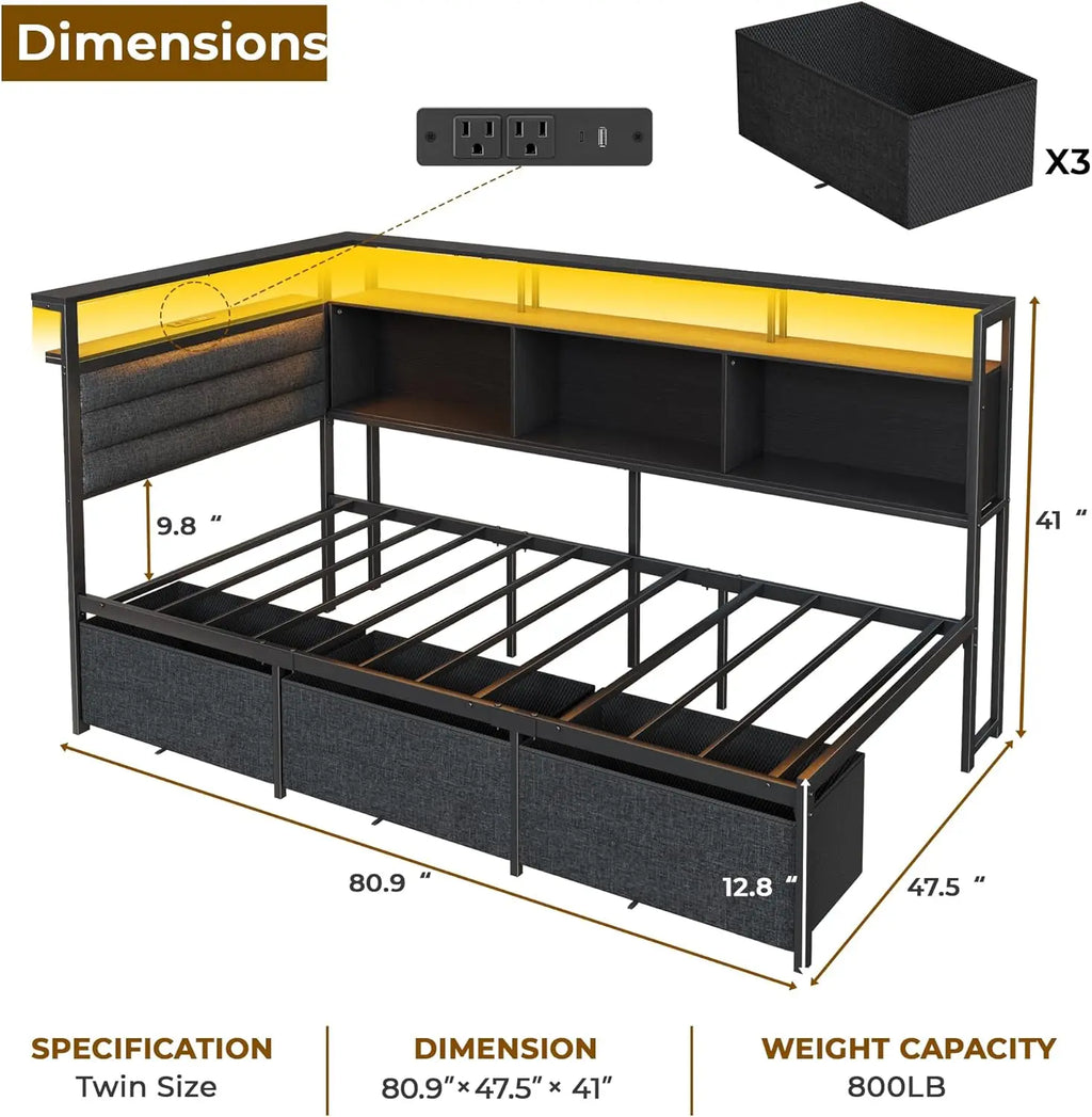 Corner Bed Frame with Storage Bookcase and LED Lights Twin Size Bed Frames with Upholstered Headboard and Charging Station