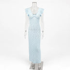 Tossy Ruffled Hollow Out Knit Long Dress Women V-Neck Fashion Patchwork See-Through Beach Holiday Dress Knitwear Female Dress