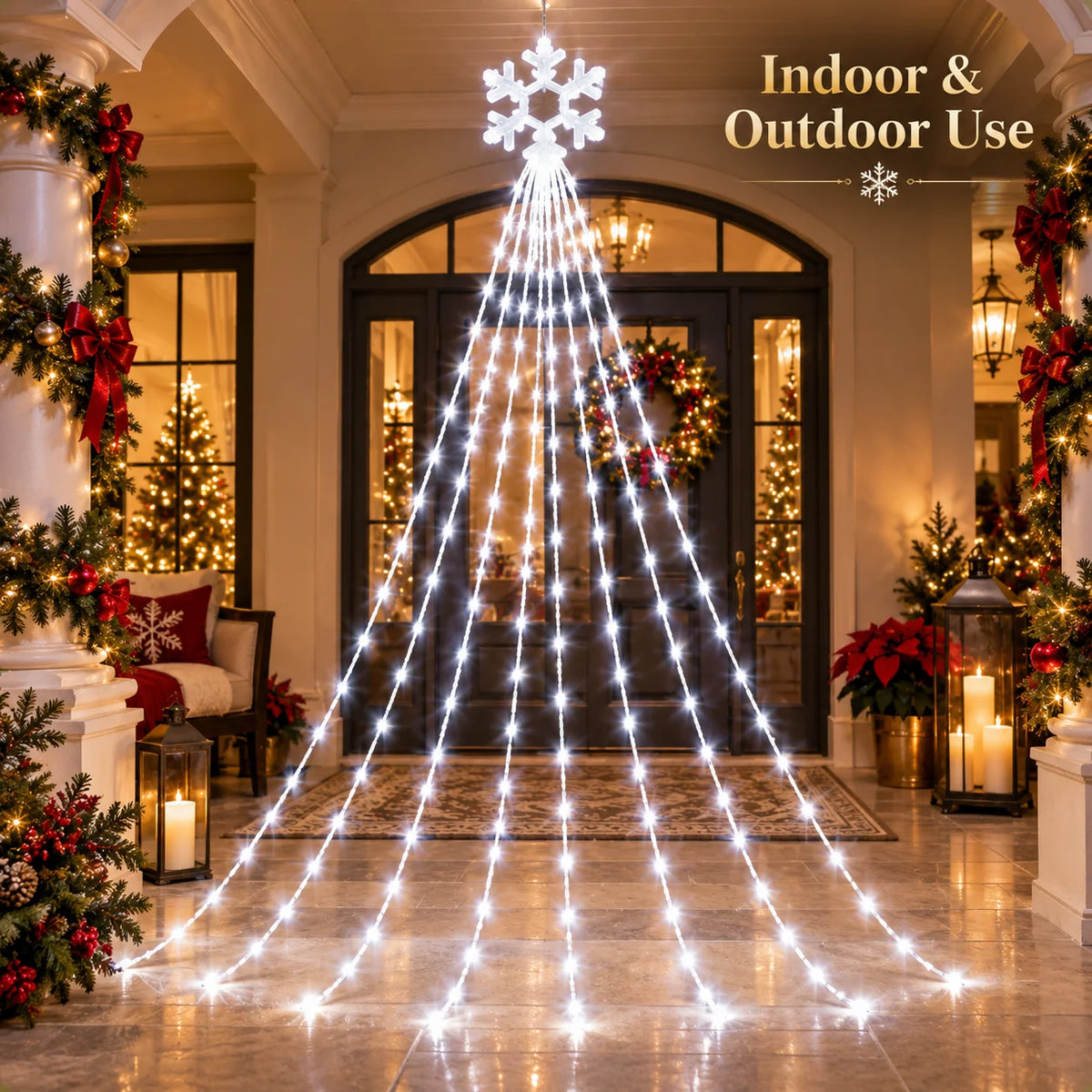 Christmas Snowflake Waterfall Lights Solar Powered 200/290LED 8 Modes Curtain Garland for Tree Window Garden Patio Holiday Decor