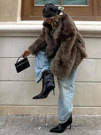 2025 Winter Women's Faux Fur Coats Fashion Stand Collar Short Jackets Warm Long Sleeve High Street Commute Lady Brown Outerwear
