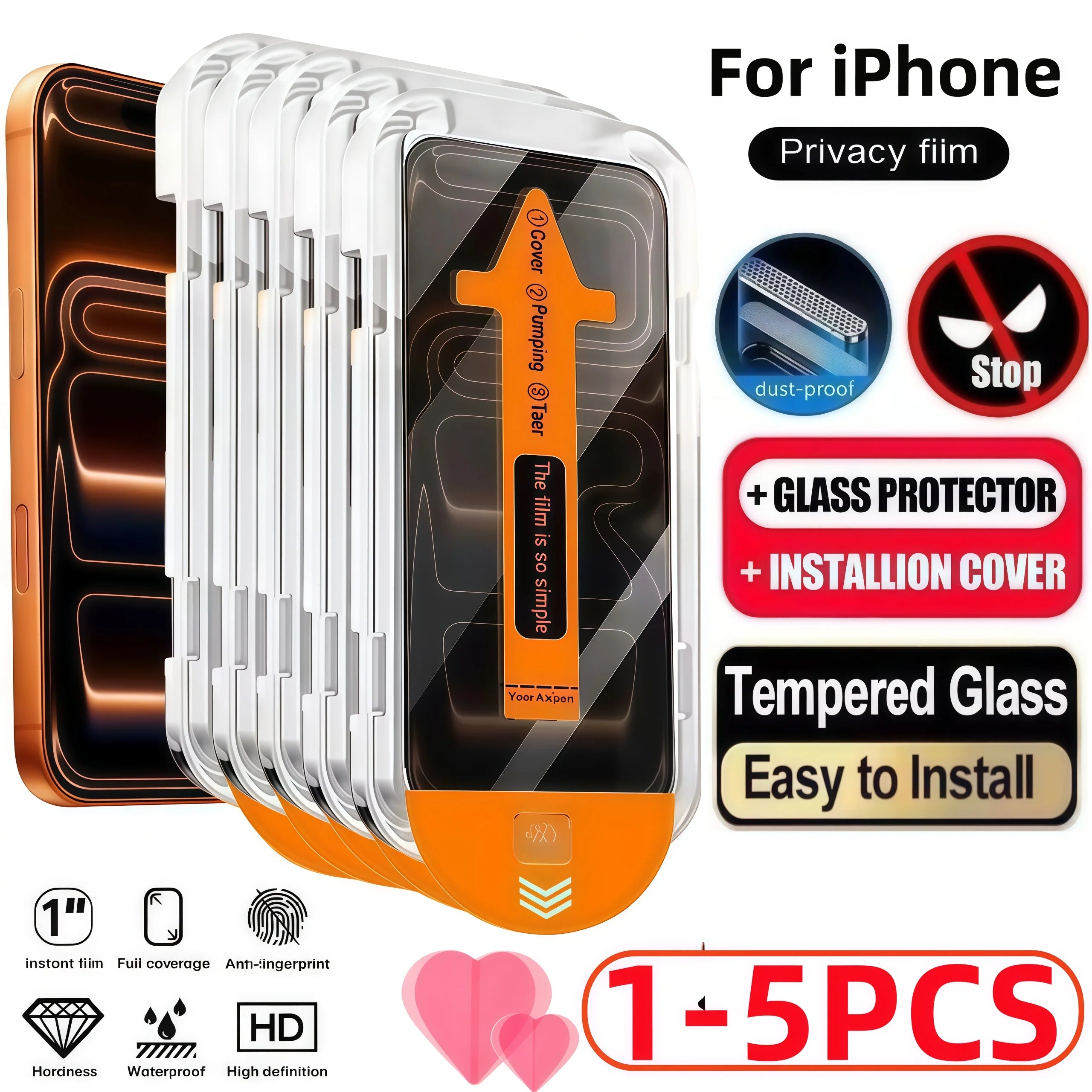 1-5PCS Privacy Screen Protector Dust Free Installation Protector for iPhone 15 14 13 12 11 16 17 Pro Max Anti-Spy Tempered Glass