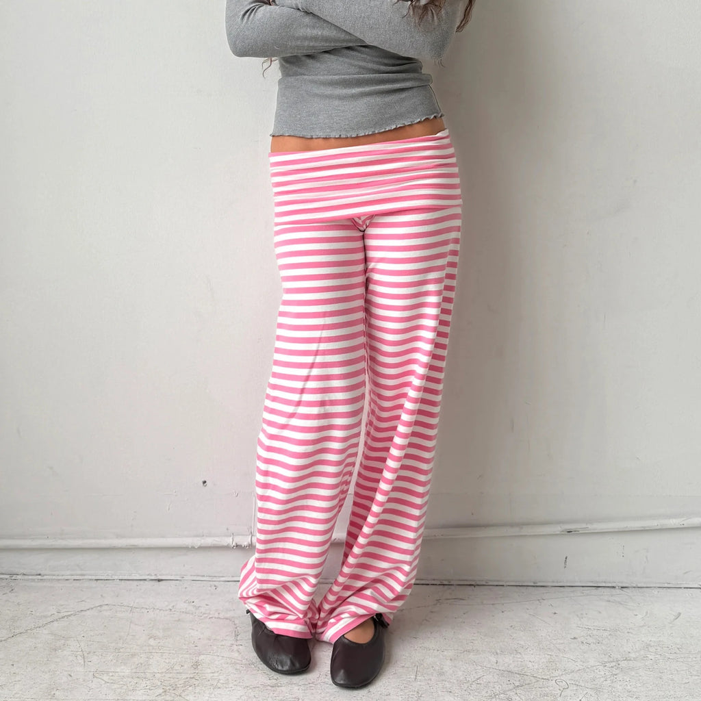 Women Summer y2k Vintage Striped Print Wide Leg Yoga Pants Fold Over Low Waist Casual Slim Loungewear Pants Trousers Streetwear