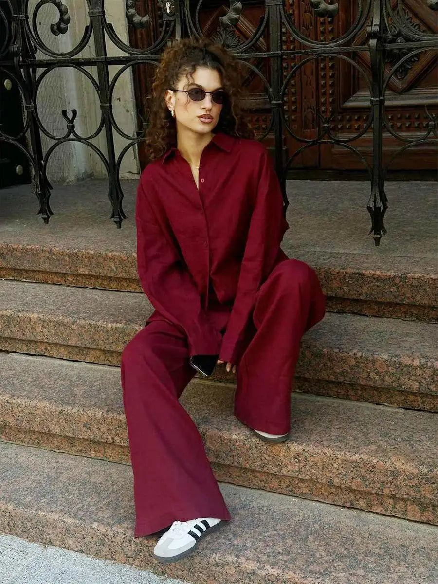 2026 Women Casual Solid Cotton Linen Pant Set Chic Laple Single Breasted Long Sleeve Shirt Elasticity Waist Pant New 2 Piece Set