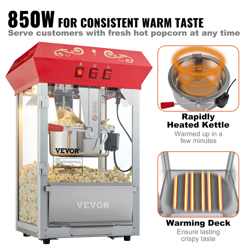 SucceBuy 8 Oz Popcorn Maker Popcorn Popper Machine Kettle Makes 48 Cups per Batch Countertop Popcorn Maker with Tempered Glass