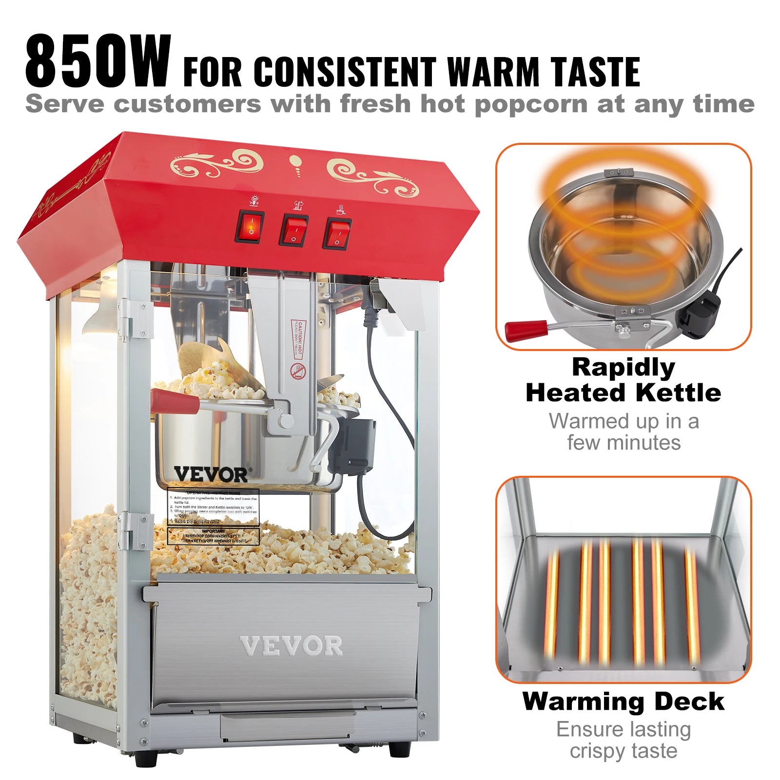 SucceBuy 8 Oz Popcorn Maker Popcorn Popper Machine Kettle Makes 48 Cups per Batch Countertop Popcorn Maker with Tempered Glass