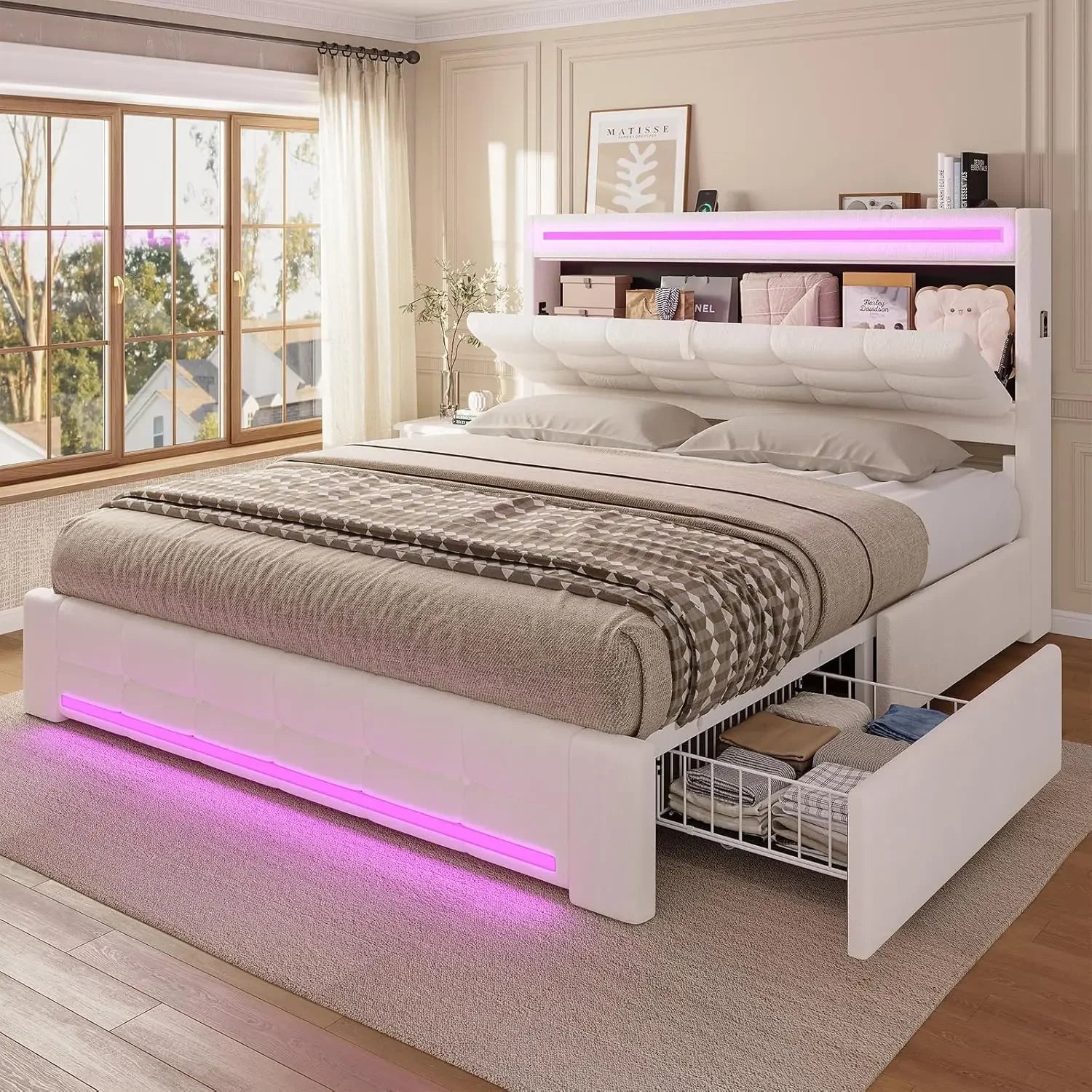Queen Bed Frame with Storage Headboard & 4 Drawers, LED Bed Frame Queen with Charging Station, Leather Upholstered, Customized