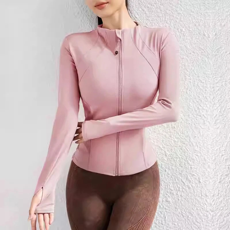 New Solid color tight jacket zipper long-sleeved coat sports running fitness long yoga jackets woman