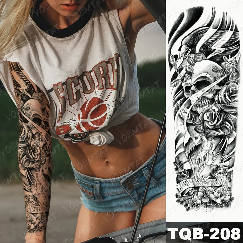 Large Arm Sleeve Tattoo Gun Rose Lion Waterproof Temporary Tattoo Sticker Clock Flower Waist Leg Body Art Full Fake Tatoo Women