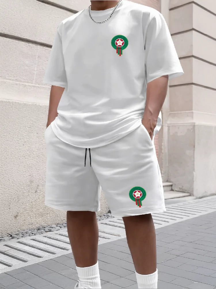 Youth Men's Fashionable Casual Sports Two-Piece Set Print Summer Short-Sleeved T-Shirt And Shorts Ensemble