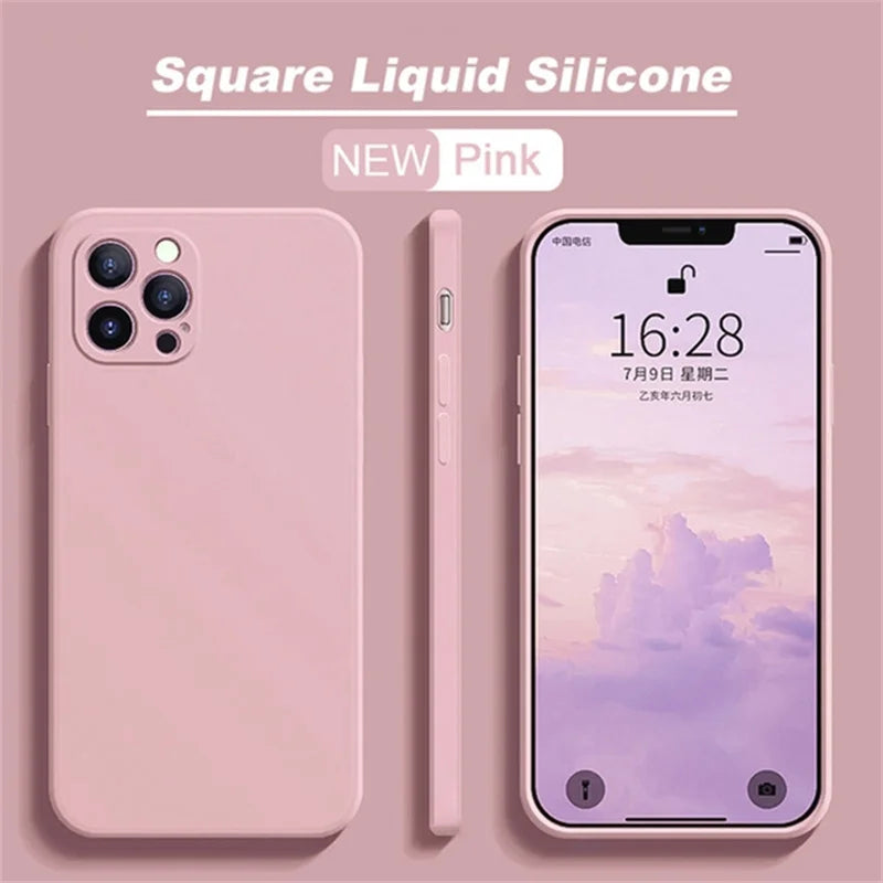 Original Silicone straight edge Case For iPhone 11 12 13 14 15 Pro XS Max XR X 8 7 Shockproof Funda Cover