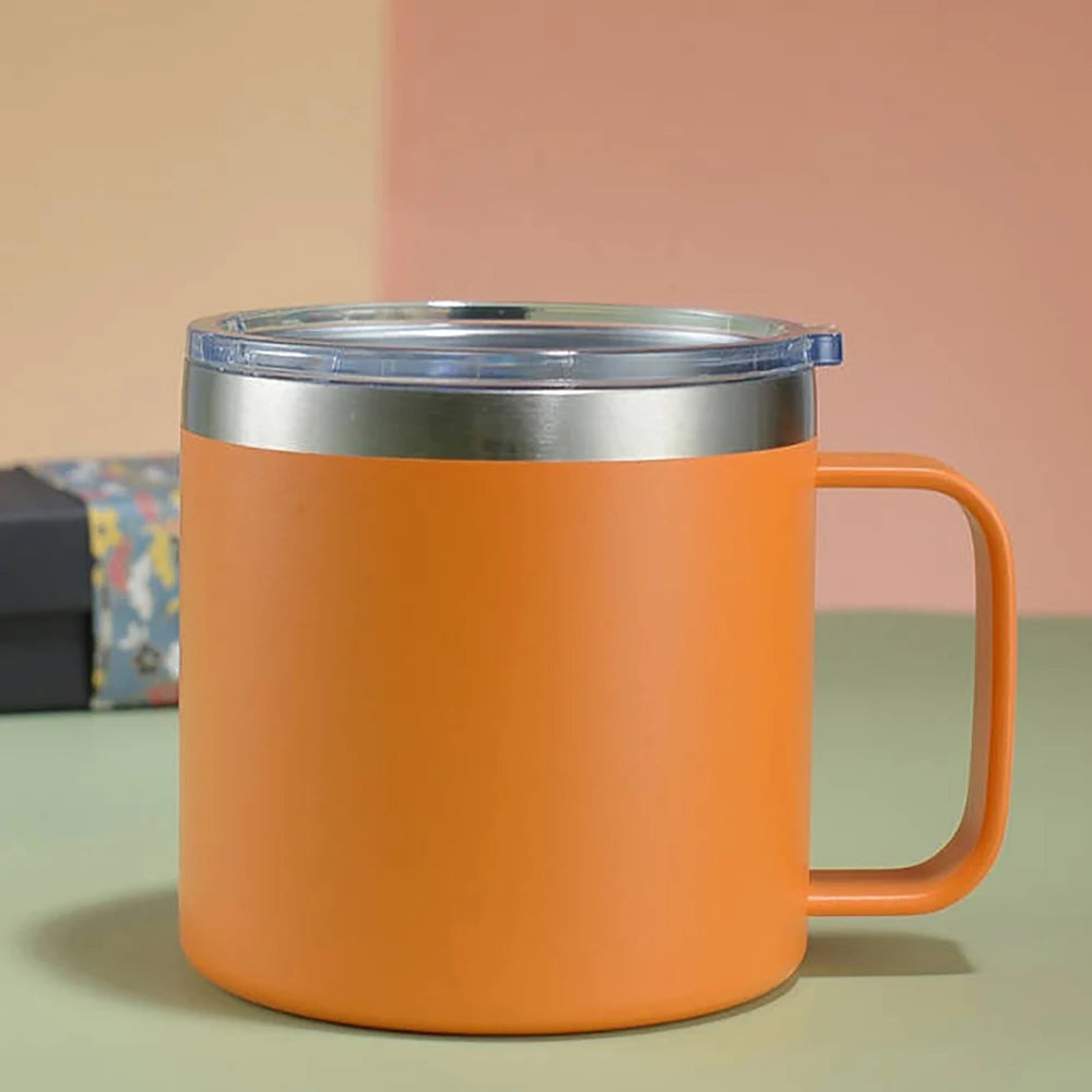 Custom 12oz Coffee Mug With Handle Tumbler Stainless Steel Vacuum Insulated Thermal Beer Cup Travel Thermos with Leakproof Lid