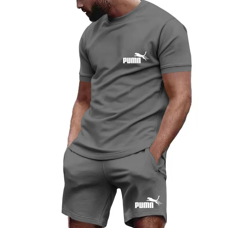 2026 Summer Men's Fashion Casual T-shirt Shorts Set Breathable Jogging Sports Two Piece Set Solid Color T-shirt Set