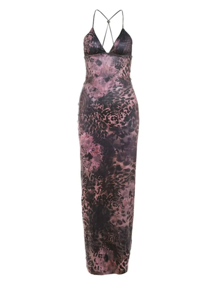 Y2k Streetwear Sexy Long Dress Women's Vintage Low Cut Vestidos Butterfly Design Backless Sleeveless Bodycon Printed Dresses
