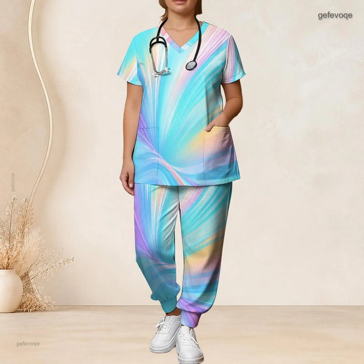 Printed Scrub Set for Women V Neck Short Sleeve Pocket Top Long Pants Two Piece