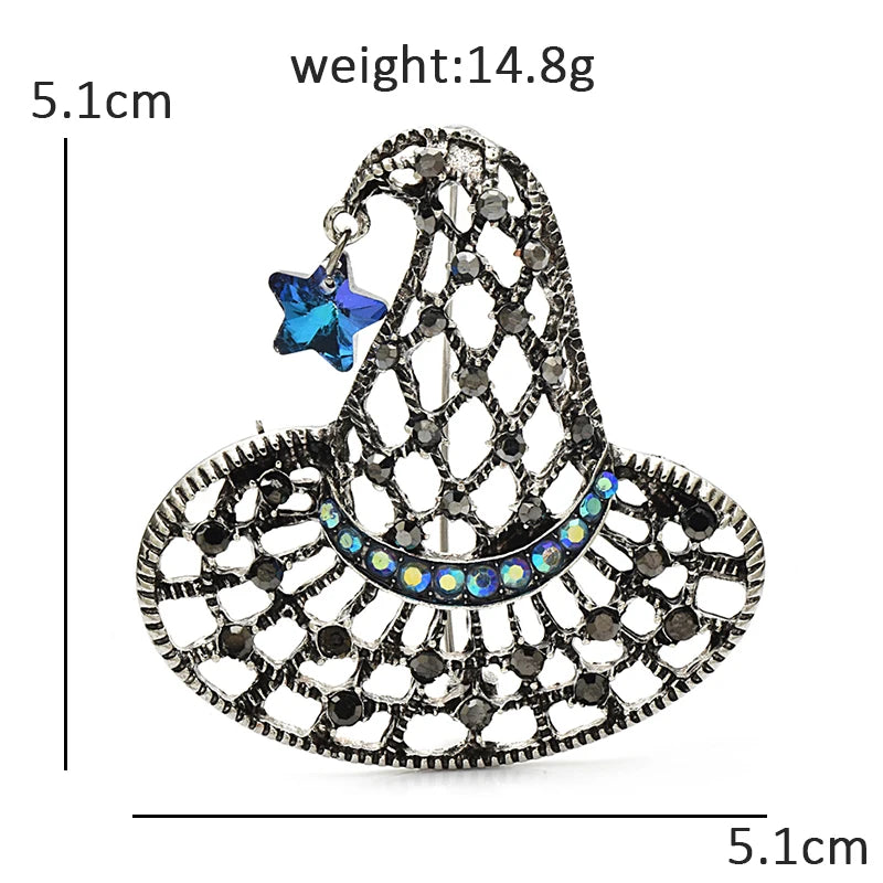 Wuli&baby Vintage Witch Hat Brooches For Women Unisex 2-color Metal Rhinestone Cut-out Star Hat Halloween Brooch Pins