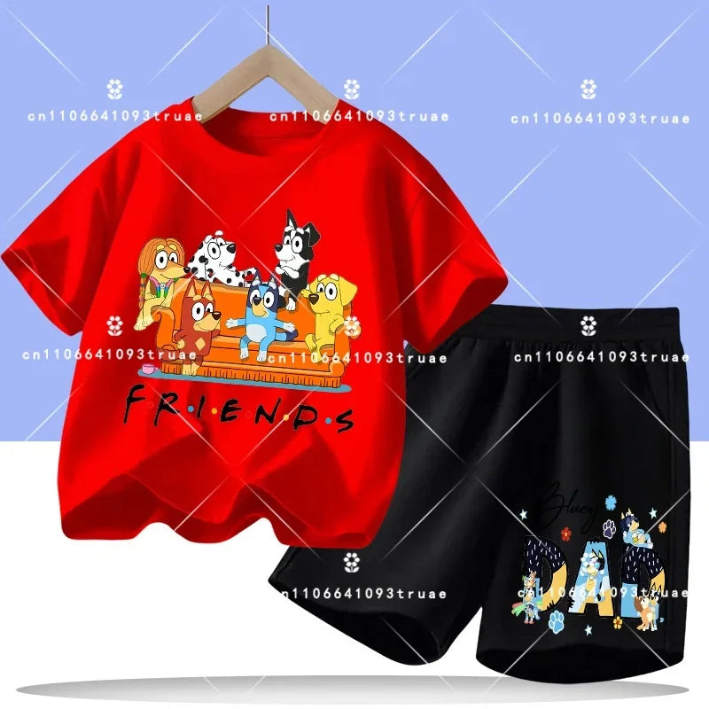 2026 summer T-shirt, 2-piece set Bluey children's 100% cotton short-sleeved set for boys - boys' sports shirt, girls' casual top