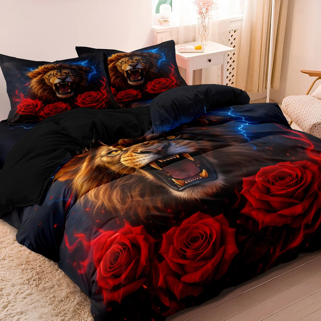 3pcs Set,Romantic Wolf & Rose Print Bedding Duvet Cover Set (1 Duvet Cover + 2 Pillowcases), HD Print For Home And Dorm Use