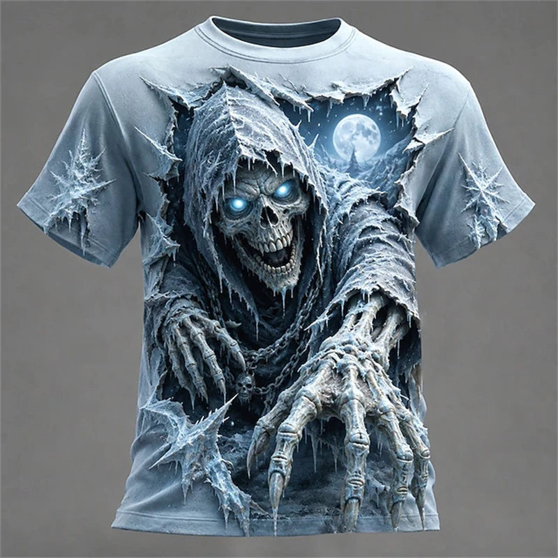 Men's Summer Skull-Printed Horror-Themed Crew-Neck T-Shirt Fashionable Trendy Street-Style Short-Sleeve Top for Halloween