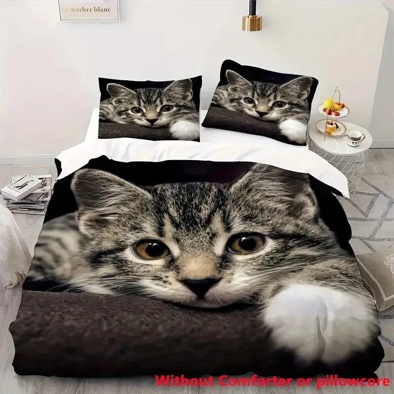 Cute Cat 3pcs Duvet Cover Set, 3D Digital Printed Duvet Cover, Soft Comfortable Breathable Bedding Set for Bedroom, Dorm