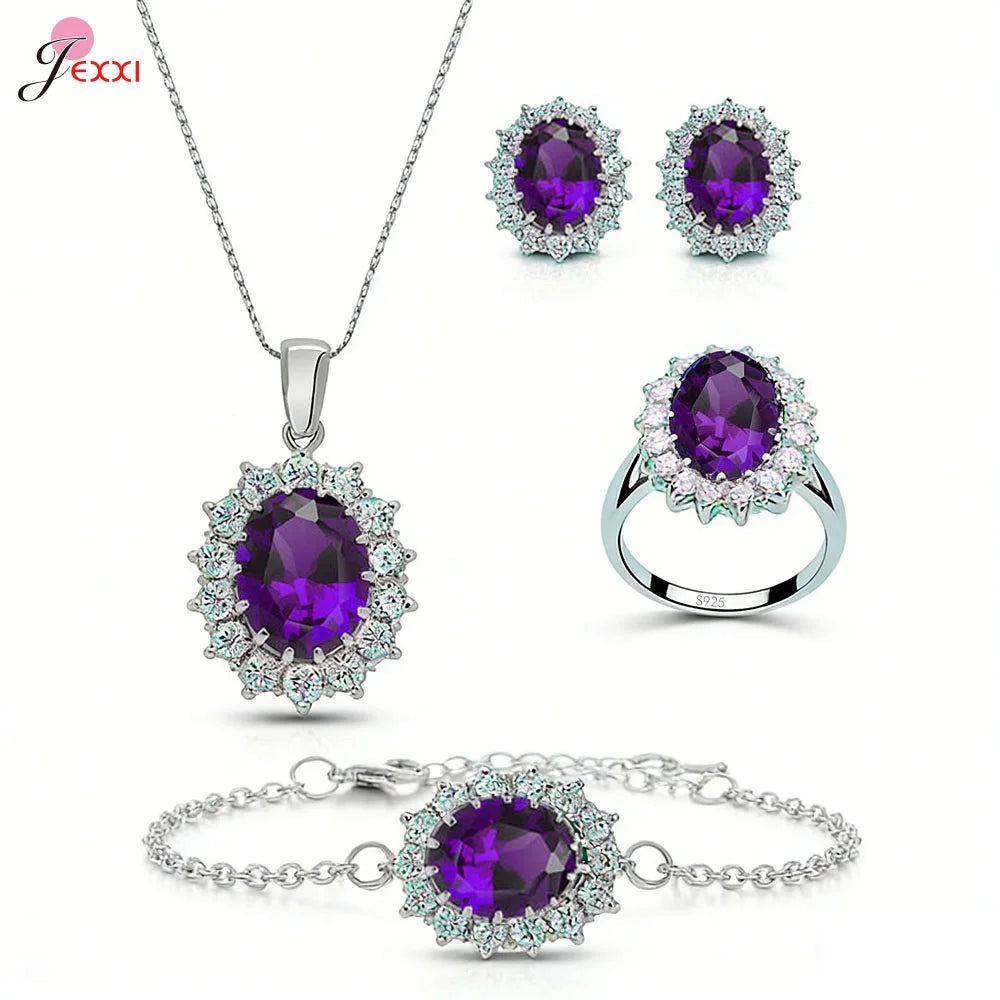 4Pcs Luxury Jewelry Set For Women Oval Cut Red Blue Purple Green Zircon Necklace Earrings Bracelet Ring 925 Silver Fashion Gift