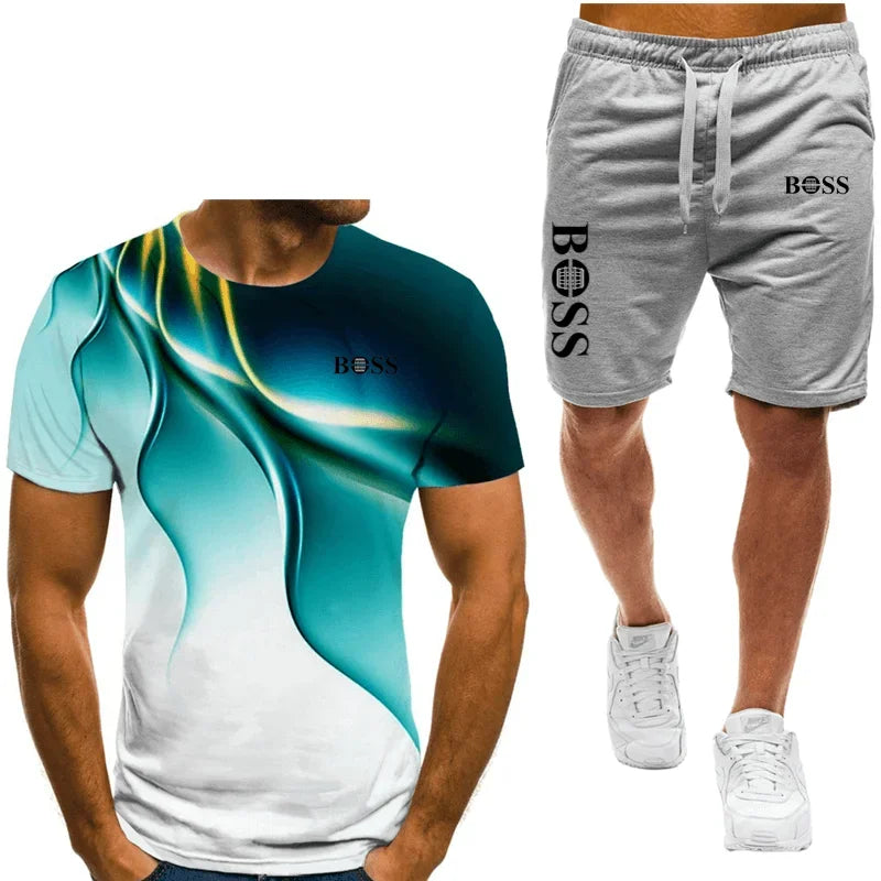 Men's T-shirt and shorts set, running fashion printed short sleeved sports T-shirt, summer 2024