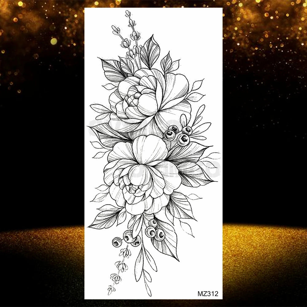 Realistic Black Rose Flower Temporary Tattoos Fake Waterproof Tatoo Body Art Arm Leg Floral Peony Bloosom Tattoo Stickers Makeup