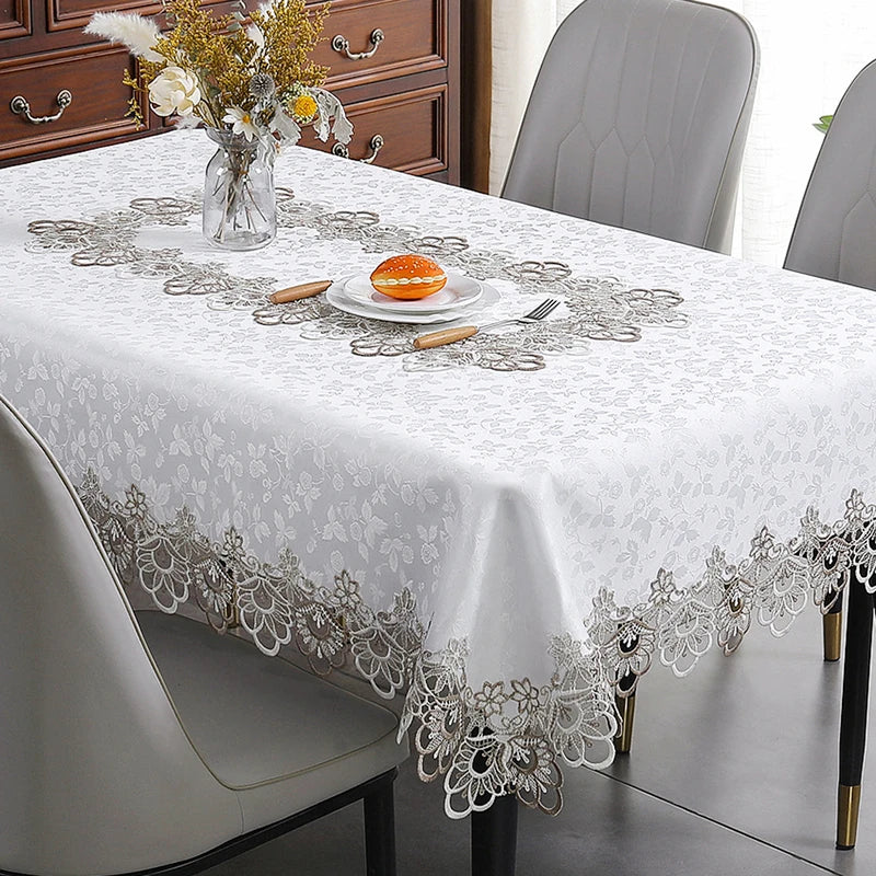 Battilo Lace Embroidery Tablecloth White Floral Rectangle Table Cloth Waterproof Table Cover For Dining Table Wedding Party Home