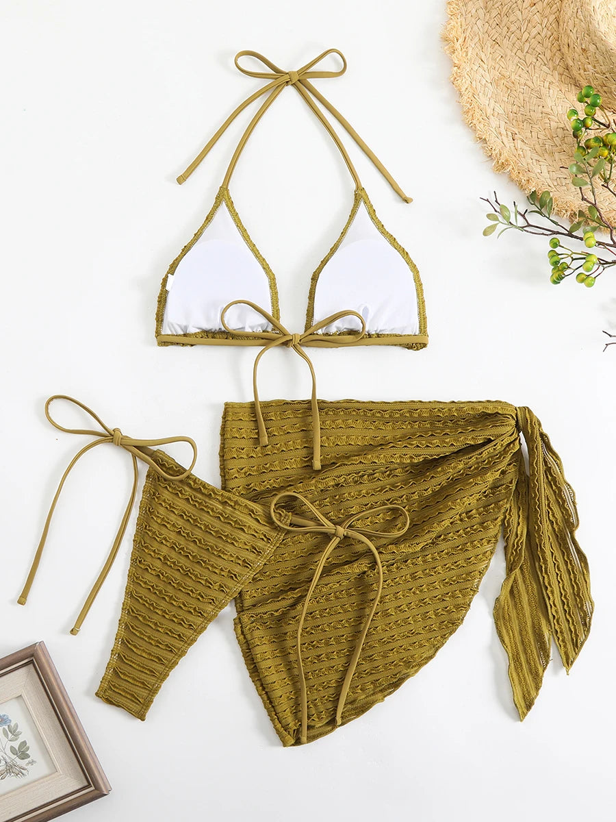 Sexy 3 Pieces Bikini Women Swimsuit 2025 Summer Halter Triangle Swimwear Bottom Bikinis Sets Beach Cover Up Female Bathing Suits