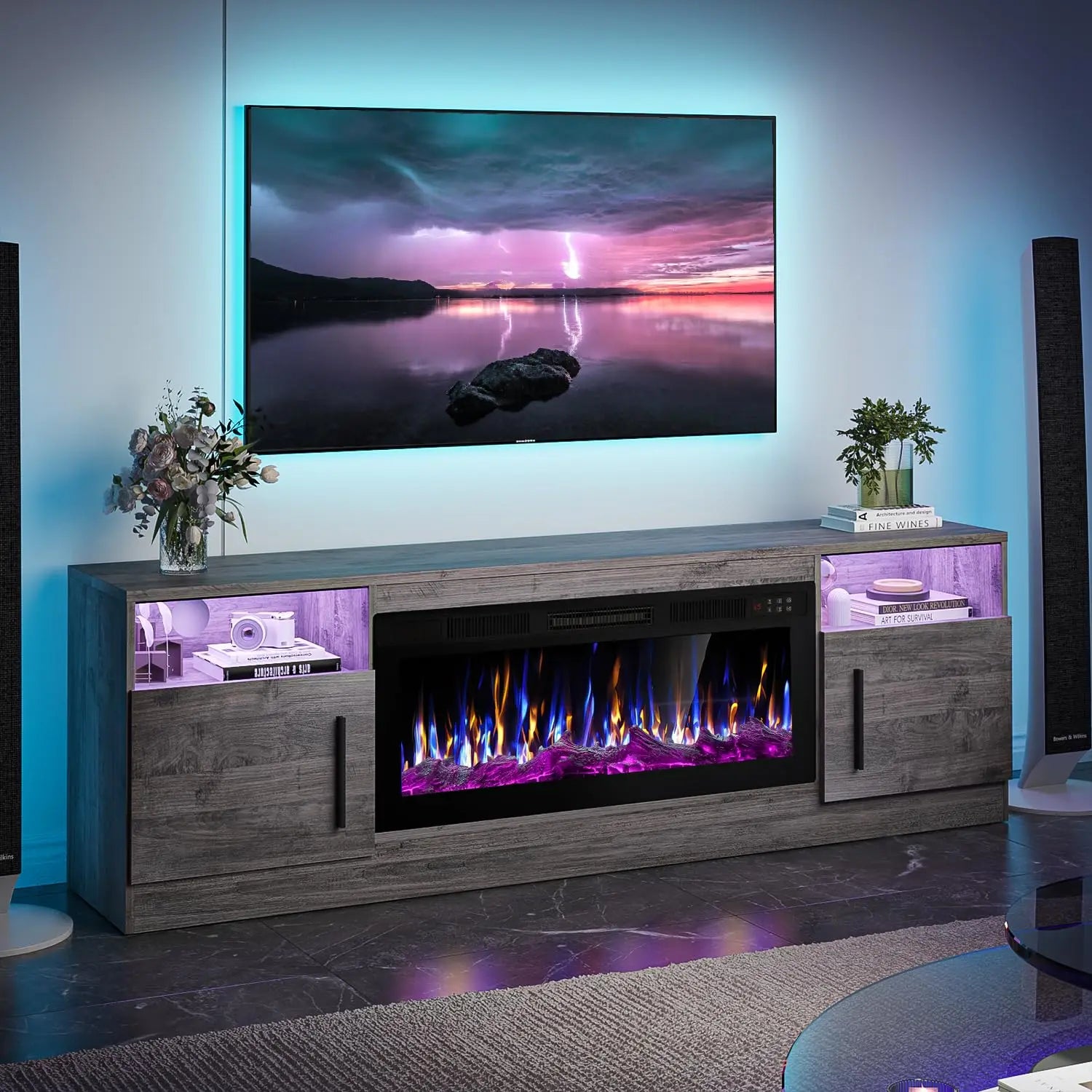 VITESSE Fireplace with TV Stand 36" inch Electric Fireplace Up to 80" TVs, LED Light Entertainment Center, 70" Modern Wood High
