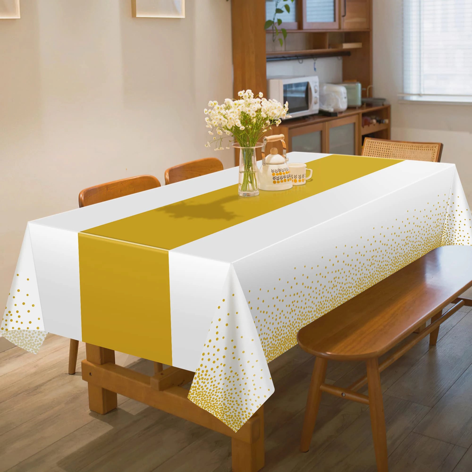 White Plastic Disposable Tablecloth Rectangle Party Table Cover Gold Dot Waterproof Table Cloth for Wedding Birthday Party Decor
