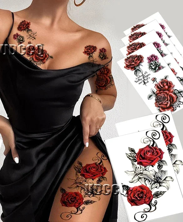 6pcs Red Temporary Rose Flower Arm & Leg Tattoo Stickers, Sexy Stripper Chest & Thigh Design, Waterproof, Perfect For Women