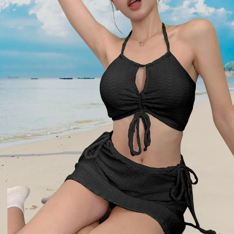 Women's Bikini Set Cream Waffle Textured Halter Tie Front Cutout V Neck Top With Tie Side Skirt Sexy Beach Bathing Suit Swimwear