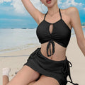 Women's Bikini Set Cream Waffle Textured Halter Tie Front Cutout V Neck Top With Tie Side Skirt Sexy Beach Bathing Suit Swimwear