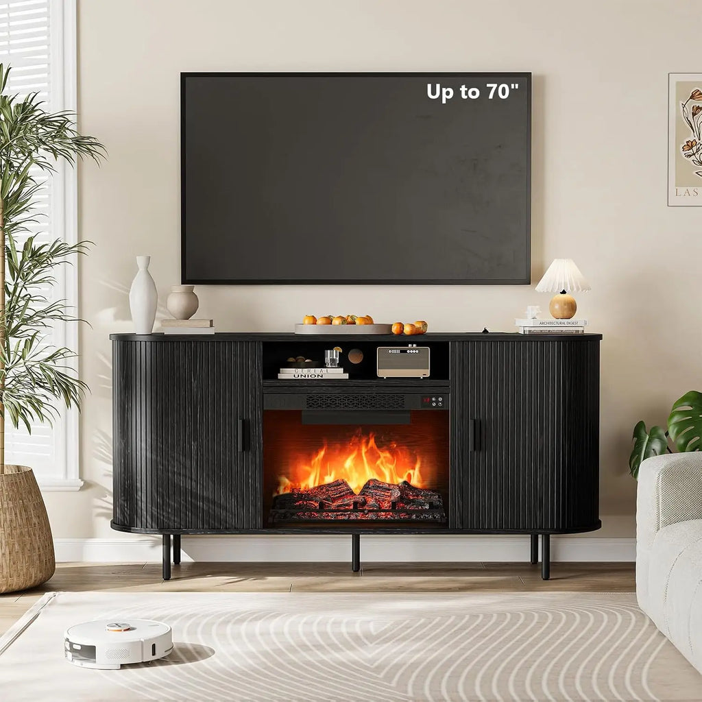 ONBRILL 63" Fluted Electric Fireplace TV Stand w/23" LED Flame Heater for Living Room, Media Console Storage Cabinet