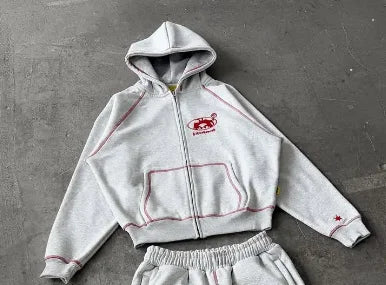 Men Tracksuit Gray Casual Loose Fit Korean Streetwear American Style Y2K Retro Two Piece Outfit Hoodie Jogger Pants Sweatshirt