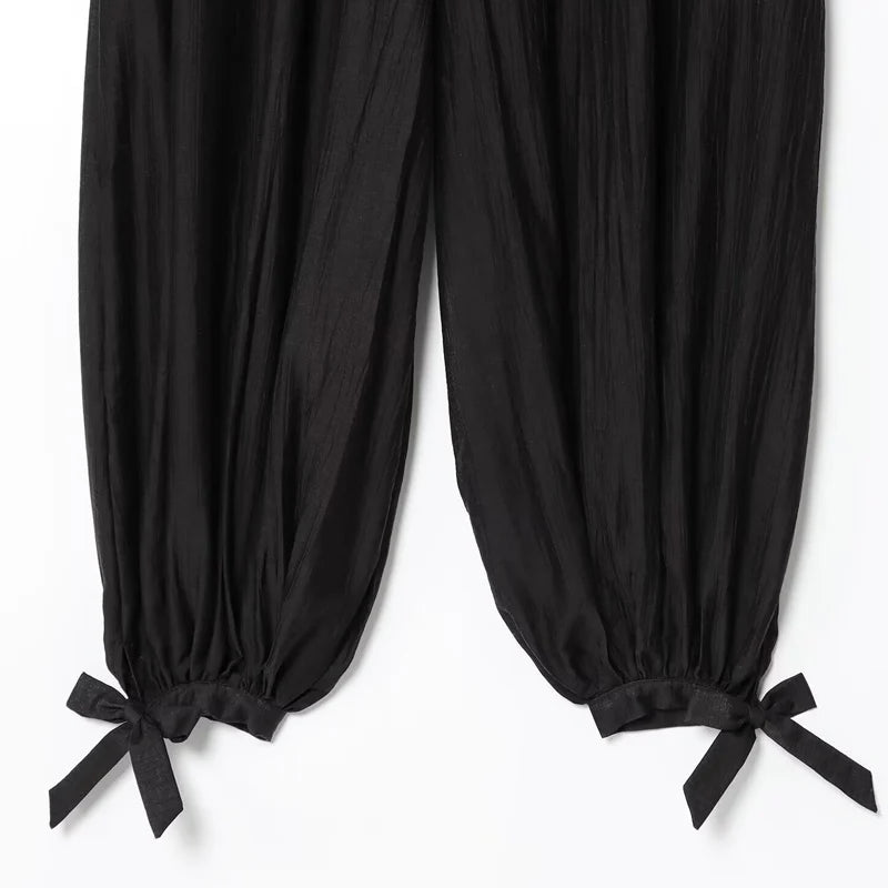 Woman's Pants Black Bloomber Trousers Wide Leg Pants For Women 2026 New Streetwear Elastic Waist Casual Solid Pants Bow Lace Up