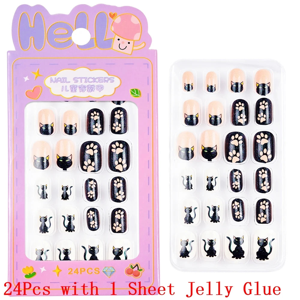 Children Press on Nails,24 Pcs Fake Nails Tips for Kids Acrylic Nails Pre-glue Full Cover Short False Nails Cute Fingernails