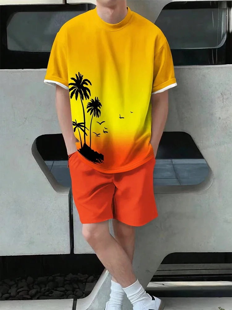 Summer men's two-piece set Hawaii fashion casual men's T-shirt outdoor beach men's shorts palm tree print O-neck short sleeved l
