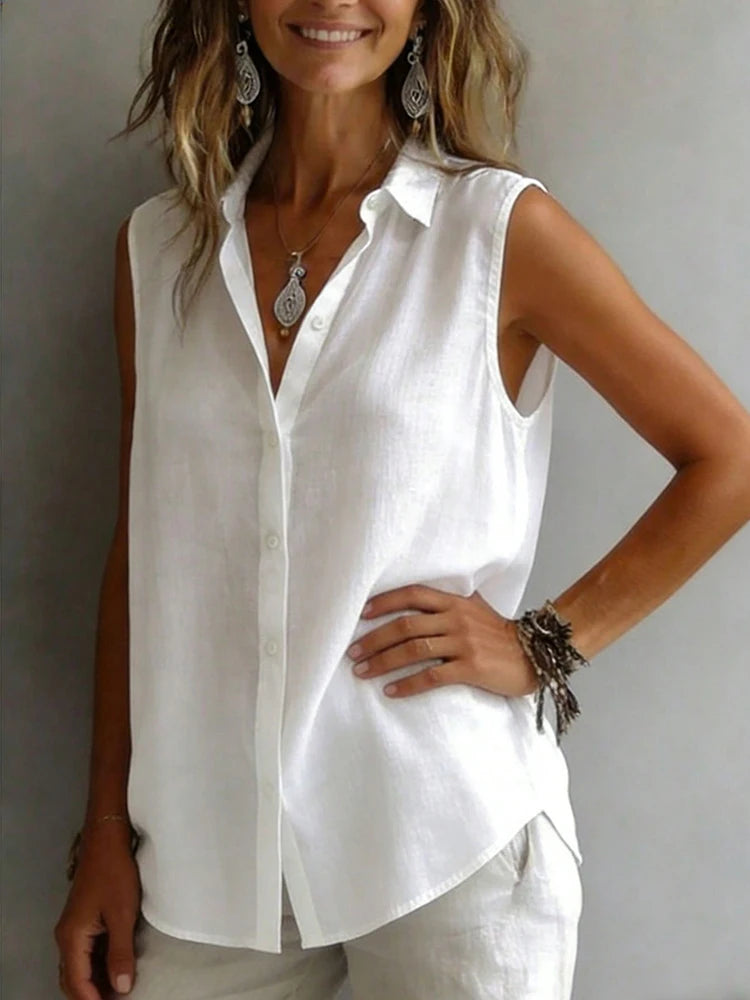 Fashionable and Elegant Sleeveless Collared Shirt for Women, Versatile Loose Casual Commuter Tank Top, Solid Color Button-Front Daily Wear